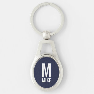 Navy Blue Modern Personalised Monogram and Name  Key Ring
