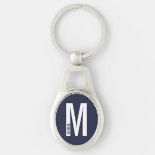 Navy Blue Modern Personalised Monogram and Name Key Ring