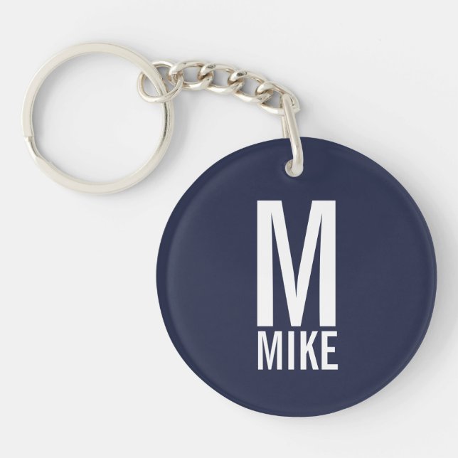 Navy Blue Modern Personalised Monogram and Name  Key Ring (Front)