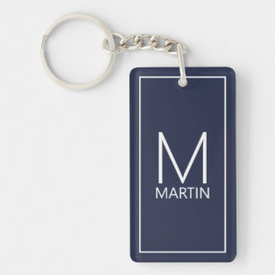 Navy Blue Modern Personalized Monogram and Name Key Ring