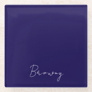 Navy Blue Modern Personalized Name Calligraphy Glass Coaster