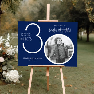 Navy Blue Modern Photo 30th Birthday Welcome Sign