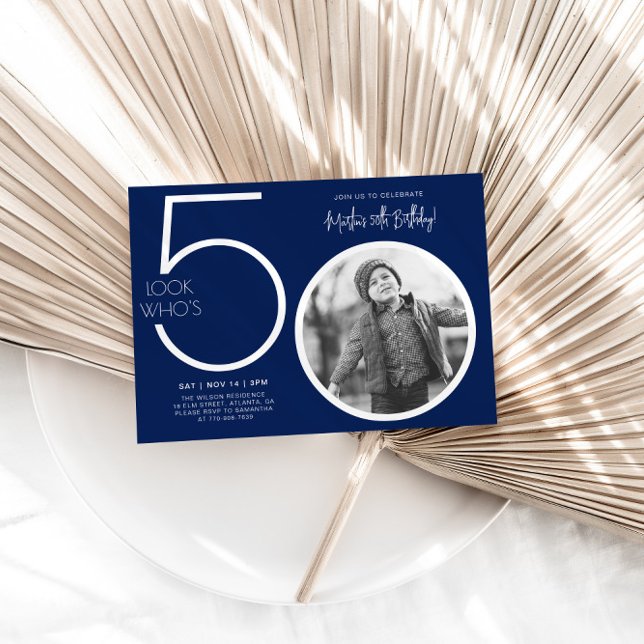 Navy Blue Modern Photo 50th Birthday Invitation (Creator Uploaded)