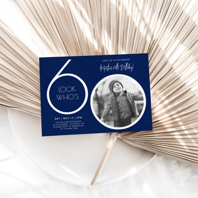 Navy Blue Modern Photo 60th Birthday Invitation (Creator Uploaded)