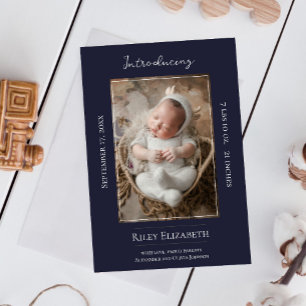 Navy Blue Modern Photo Birth Announcement