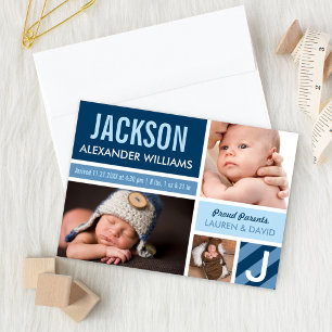 Navy Blue Modern Photo Collage Baby Boy Birth Announcement