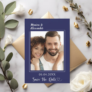 Navy blue modern photo wedding Save the Date