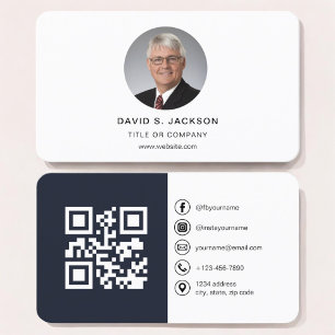 Navy Blue Modern Photo with QR Code Social Media Business Card