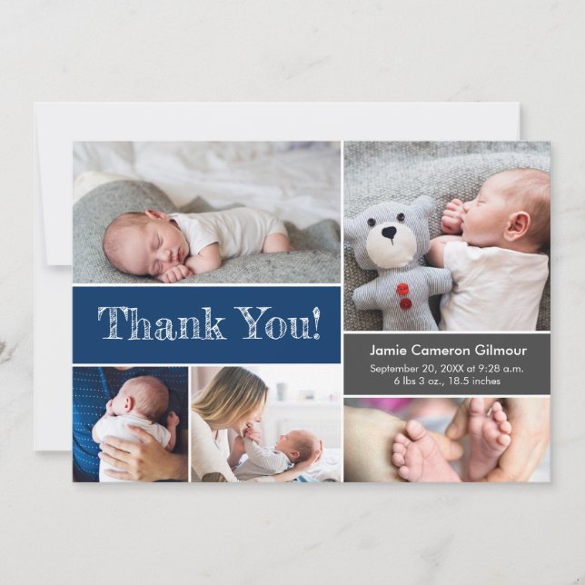 Navy Blue Modern Photos Baby Shower Thank you Card (Front)