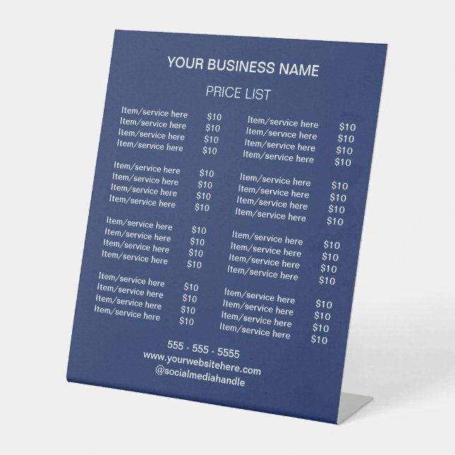 Navy Blue Modern Price List Pedestal Sign (Front)