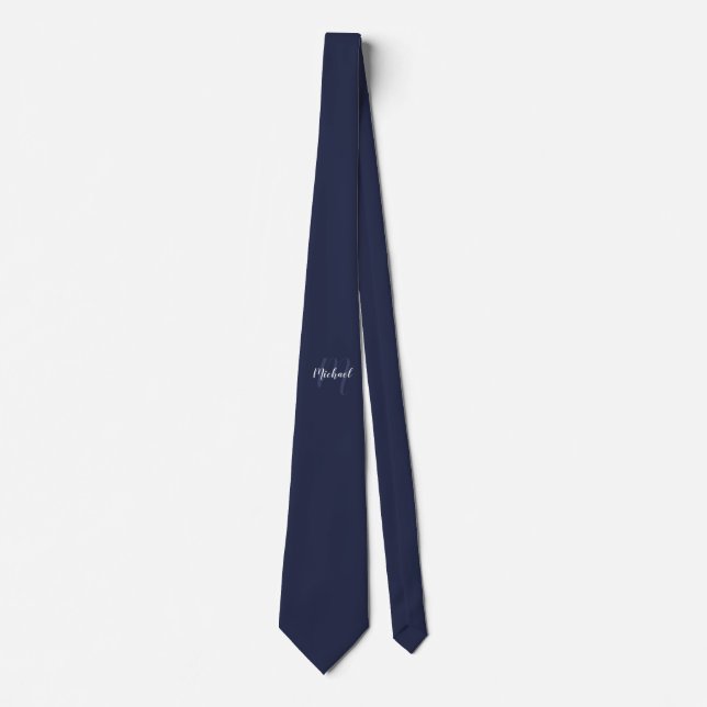 Navy Blue Modern Script Monogram and Name Tie (Front)