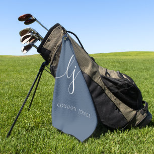 Navy Blue Modern Script Monogram Name Elegant Golf Towel