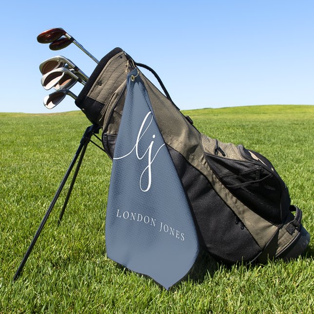 Navy Blue Modern Script Monogram Name Elegant Golf Towel (Creator Uploaded)