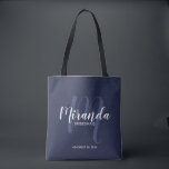 Navy Blue Modern Script Personalised Bridesmaids Tote Bag<br><div class="desc">Add a personal touch to your wedding with personalised bridesmaids gift tote bag. This tote bag features personalised bridesmaid's name in white modern script font style and monogram in light navy blue modern script font style as background with title and wedding date in white modern sans serif font style on...</div>