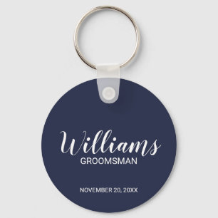 Navy blue Modern Script Personalised Groomsman Key Ring
