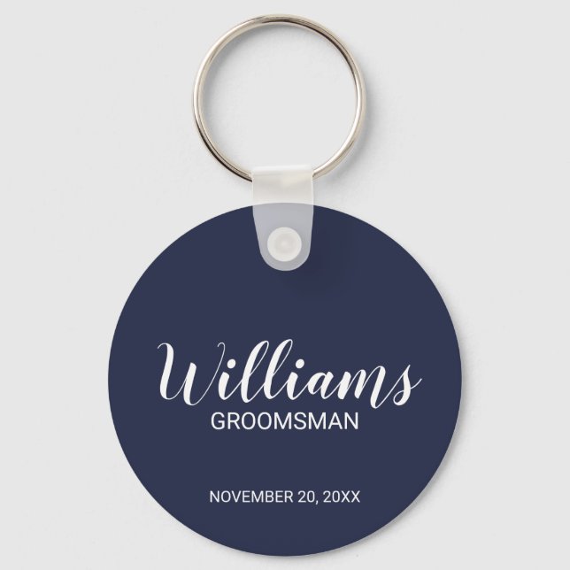 Navy blue Modern Script Personalised Groomsman Key Ring (Front)