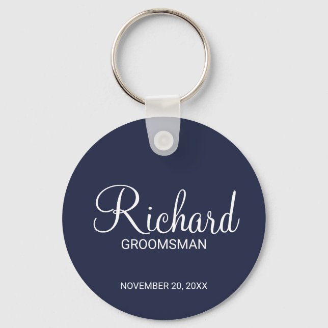 Navy Blue Modern Script Personalised Groomsman Key Ring (Front)