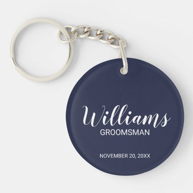 Navy Blue Modern Script Personalised Groomsman Key Ring (Front)
