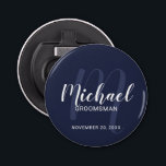 Navy Blue Modern Script Personalised Groomsmen Bottle Opener<br><div class="desc">Add a personal touch to your wedding with personalised groomsmen bottle opener. This bottle opener features personalised groomsmen's name in white modern script font style and monogram in light navy blue modern script font style as background with title and wedding date in white modern sans serif font style on navy...</div>