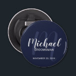Navy Blue Modern Script Personalised Groomsmen Bottle Opener<br><div class="desc">Add a personal touch to your wedding with personalised groomsmen bottle opener. This bottle opener features personalised groomsmen's name in white modern script font style and monogram in light navy blue modern script font style as background with title and wedding date in white modern sans serif font style on navy...</div>