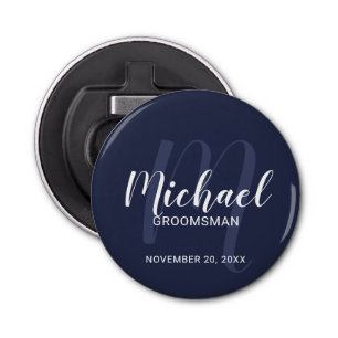 Navy Blue Modern Script Personalised Groomsmen Bottle Opener