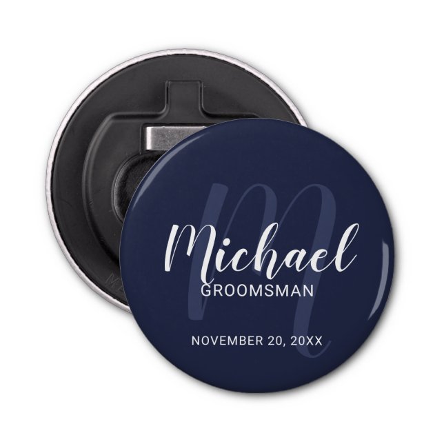 Navy Blue Modern Script Personalised Groomsmen Bottle Opener (Front)