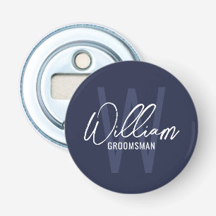 Navy Blue Modern Script Personalised Groomsmen Bottle Opener