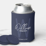 Navy Blue Modern Script Personalised Groomsmen Can Cooler<br><div class="desc">Modern Minimalist Personalised Monogram and Name Gifts This design features personalised name in white modern handwriting script font style and monogram in light navy blue modern sans serif font style as background, with wedding details in white modern sans serif font style, on navy blue background. Also perfect for best man,...</div>
