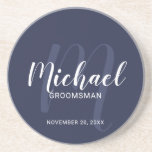 Navy Blue Modern Script Personalised Groomsmen Coaster<br><div class="desc">Add a personal touch to your wedding with personalised groomsmen coaster. This coaster features personalised groomsmen's name in white modern script font style and monogram in light blue modern script font style as background with title and wedding date in white modern sans serif font style on navy blue background. Also...</div>