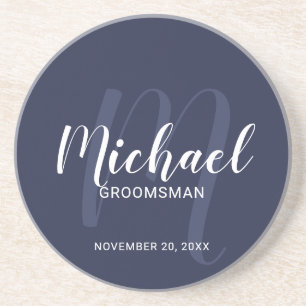 Navy Blue Modern Script Personalised Groomsmen Coaster