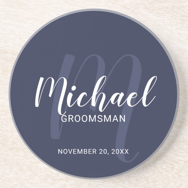 Navy Blue Modern Script Personalised Groomsmen Coaster (Front)