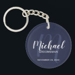Navy Blue Modern Script Personalised Groomsmen Key Ring<br><div class="desc">Add a personal touch to your wedding with personalised groomsmen keychain. This keychain features personalised groomsmen's name in white modern script font style and monogram in light navy blue modern script font style as background with title and wedding date in white modern sans serif font style on navy blue background....</div>