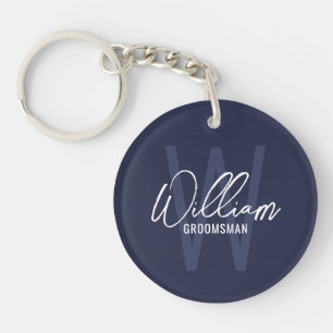 Navy Blue Modern Script Personalised Groomsmen Key Ring
