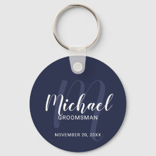 Navy Blue Modern Script Personalised Groomsmen Key Ring