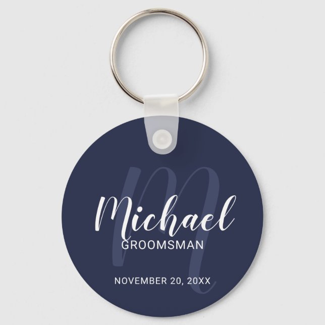 Navy Blue Modern Script Personalised Groomsmen Key Ring (Front)