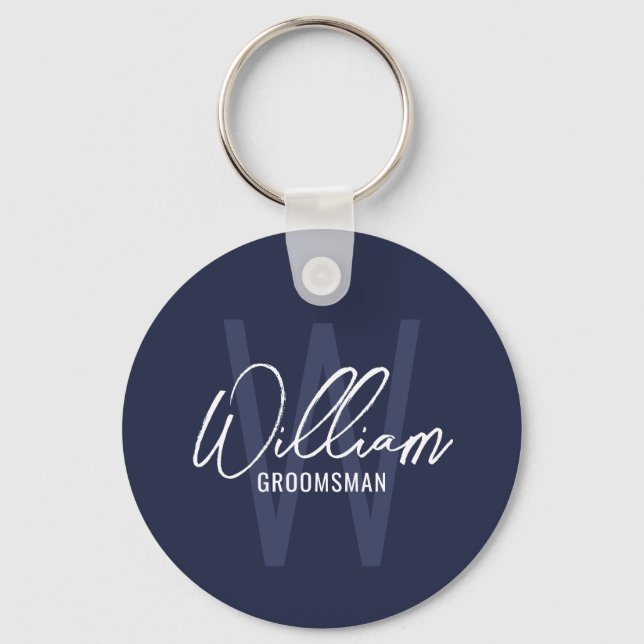 Navy Blue Modern Script Personalised Groomsmen Key Ring (Front)