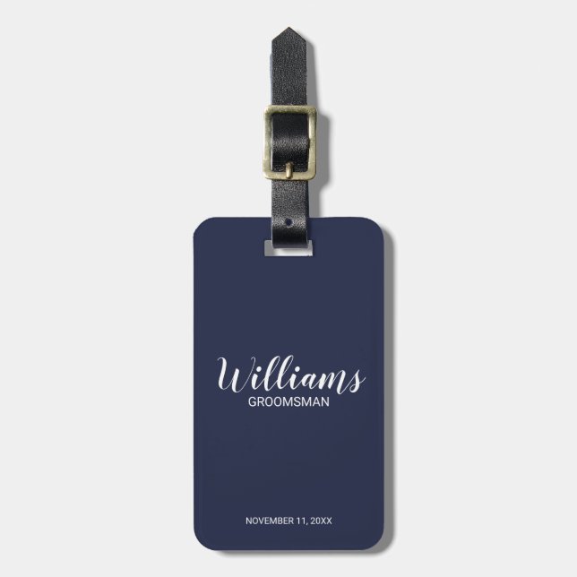 Navy Blue Modern Script Personalised Groomsmen Luggage Tag (Front Vertical)
