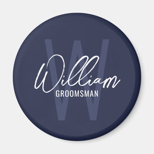 Navy Blue Modern Script Personalised Groomsmen Magnet (Front)