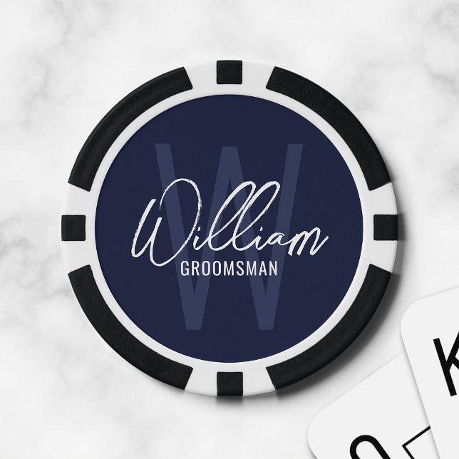 Navy Blue Modern Script Personalised Groomsmen Poker Chips (Creator Uploaded)