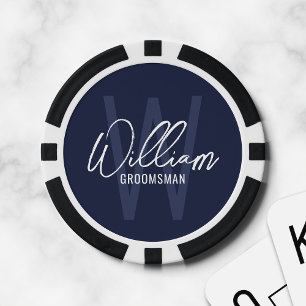 Navy Blue Modern Script Personalised Groomsmen Poker Chips