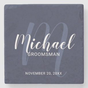 Navy Blue Modern Script Personalised Groomsmen Stone Coaster