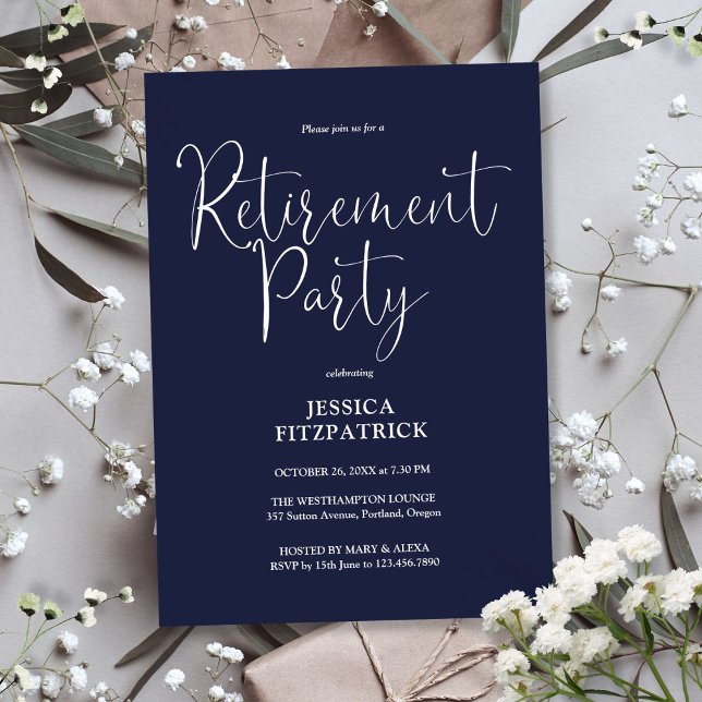 Navy Blue Modern Script Retirement Party Invitation (Navy Blue Modern Script Retirement Party Invitation)