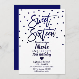 Navy Blue Modern Script Sweet 16 Sixteen Invitation