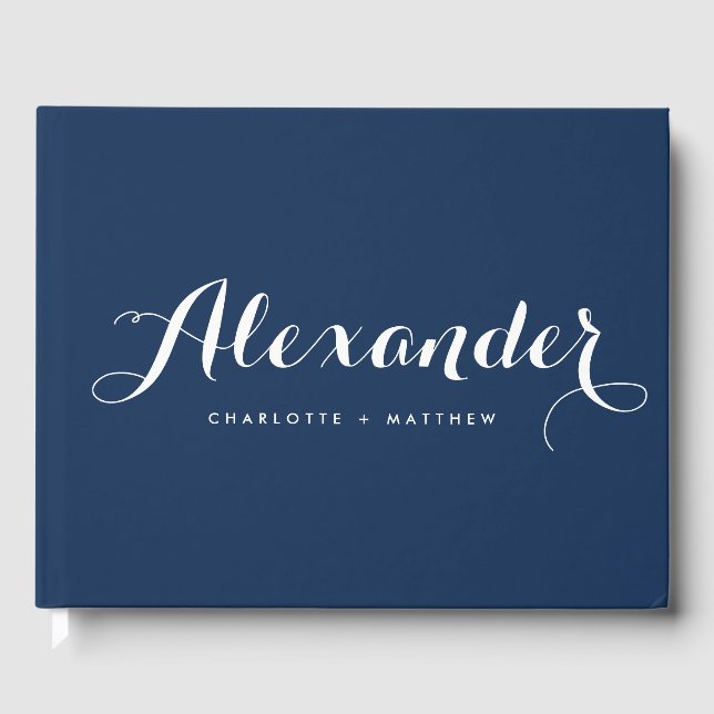 Navy Blue Modern Script Wedding Guestbook (Front)