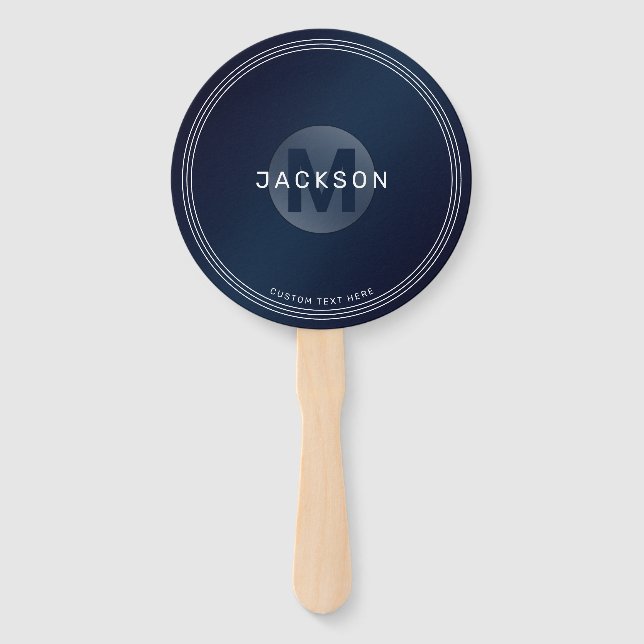 Navy blue modern simple personalised monogram hand fan (Front)