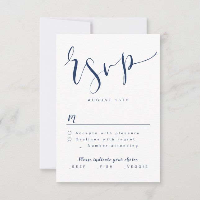 Navy Blue Modern Simple Script wedding RSVP (Front)