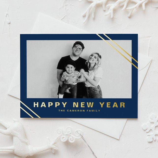 Navy Blue Modern Stripes Photo Happy New Year Foil Holiday Card (Creator Uploaded)