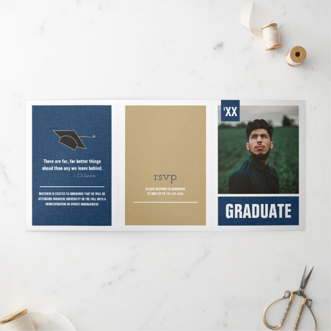 Navy Blue Modern Textured Photo Graduation Tri-Fold Invitation (Outside)