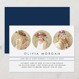 Navy Blue Modern Three Photo Collage Graduation Invitation