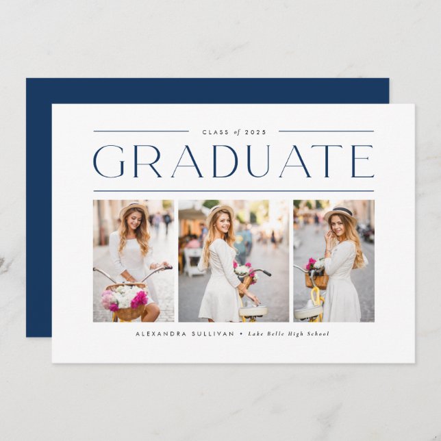 Navy Blue Modern Typography Three Photo Graduation Announcement (Front/Back)
